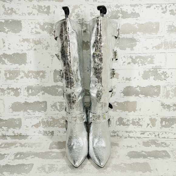 New Wild Diva Look At Me Silver Faux Leather High Heel Harness Knee Boots K759 - Picture 7 of 11